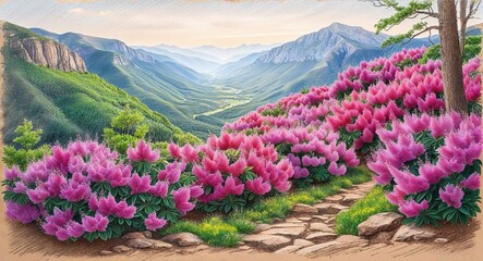Obraz premium Azaleas growing abundantly on a mountainside overlooking a serene valley hand drawing