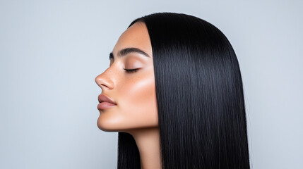 Fototapeta premium side view portrait of a beautiful woman with long, straight health black hair ,best for advertisement for a shampoo or skin care products, again grey background