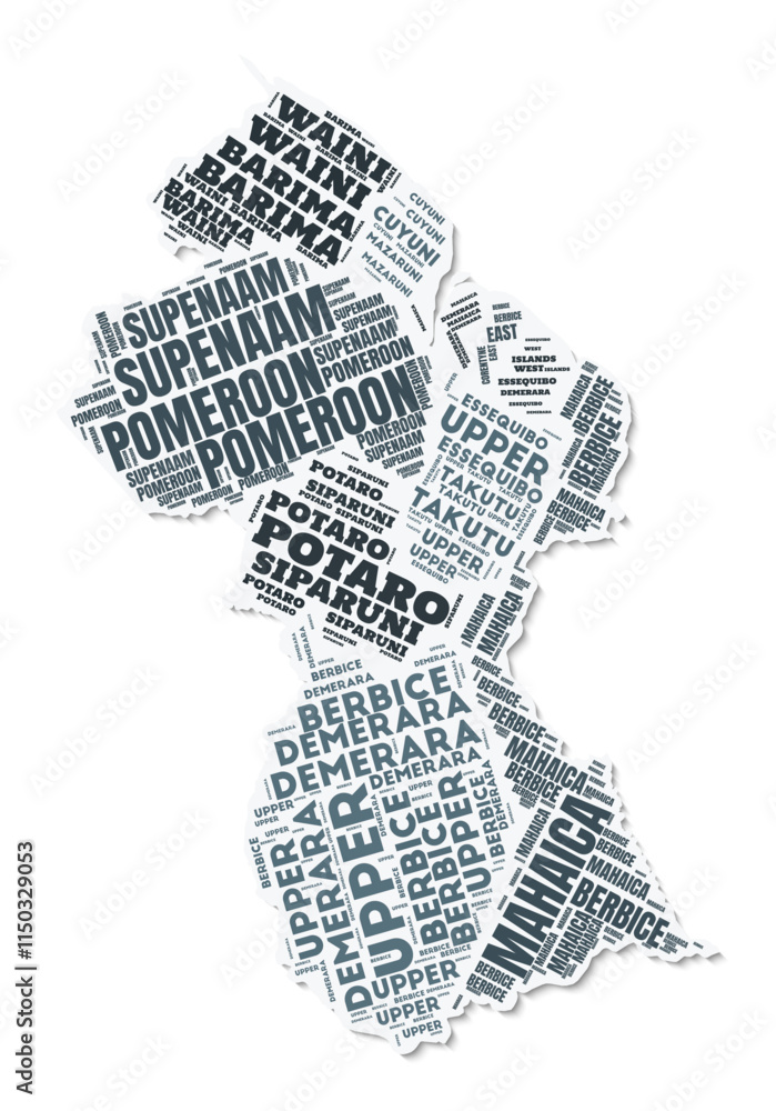 Poster guyana shape text cloud. country border with shadow on white background. guyana with regions divisio