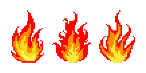 Pixel art of fire set vector. Pixelated flame illustration vector. Game icon style. 