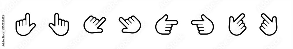 Poster cursor hand line style icons set. hand click symbol. pointer, touch screen, gesture, click here sign