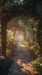 Fototapeta premium Breathtaking sunrise walkway through a serene forest in refreshing morning atmosphere