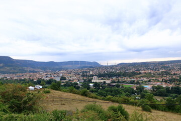 aerial view over the city of Millau with the Viaduct in the background, France, Europe
