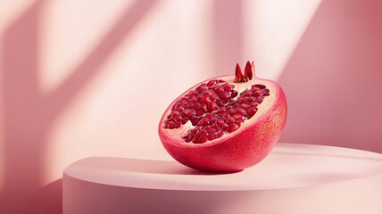 Cut pomegranate on a soft background Half pomegranate, pink background, sunlight