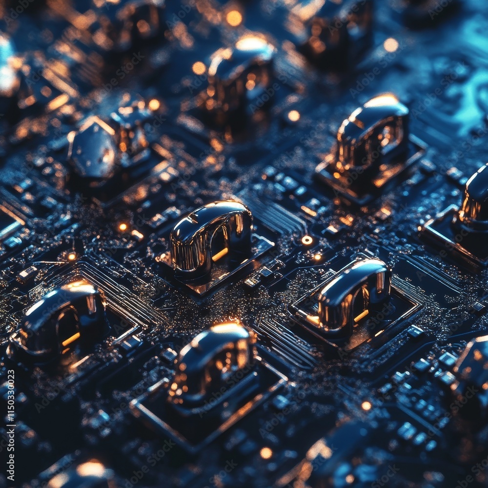 Poster close-up view of a complex circuit board showcasing metallic components and intricate patterns illum
