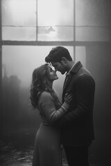 Vintage style photo of a couple in love, embracing each other under the rain on an abandoned warehouse. The scene conveys a sense of romance and melancholy.
