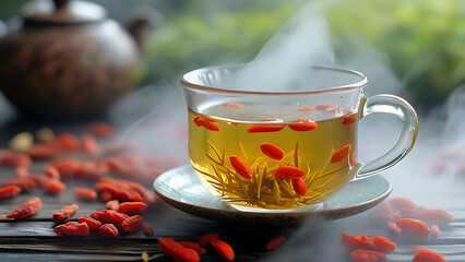 Steaming cup of goji berry tea