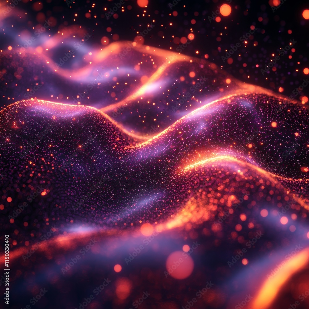 Poster vibrant abstract waves with glowing particles create a mesmerizing visual experience in colorful hue