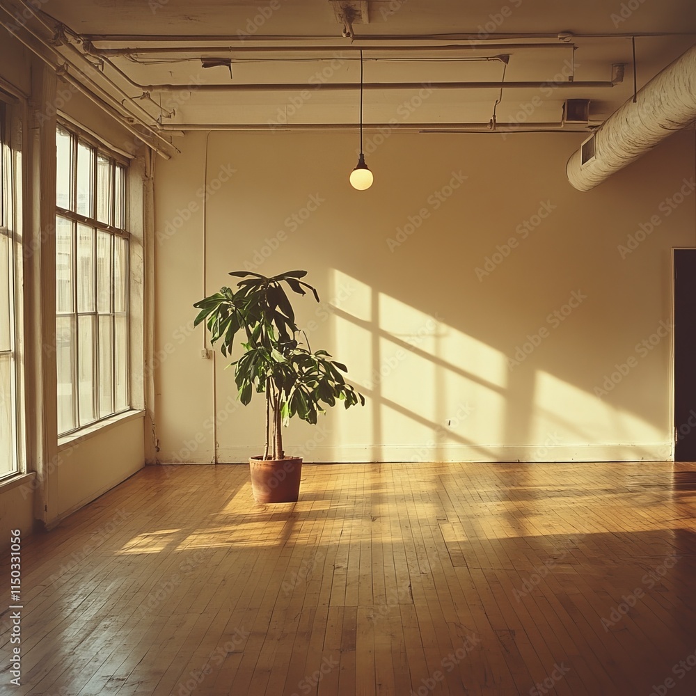 Poster sunlight streams through large windows illuminating a potted plant in a spacious, empty room with wo