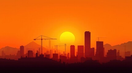Fototapeta premium Scenic cityscape with cranes and skyscrapers, resident shadow in foreground, transformation and aspiration