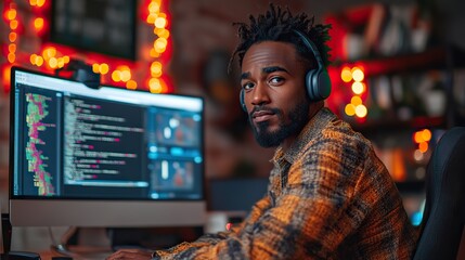 A web designer works from home, programming and ensuring cybersecurity for a startup; he writes code for a website or app, using headphones and the internet