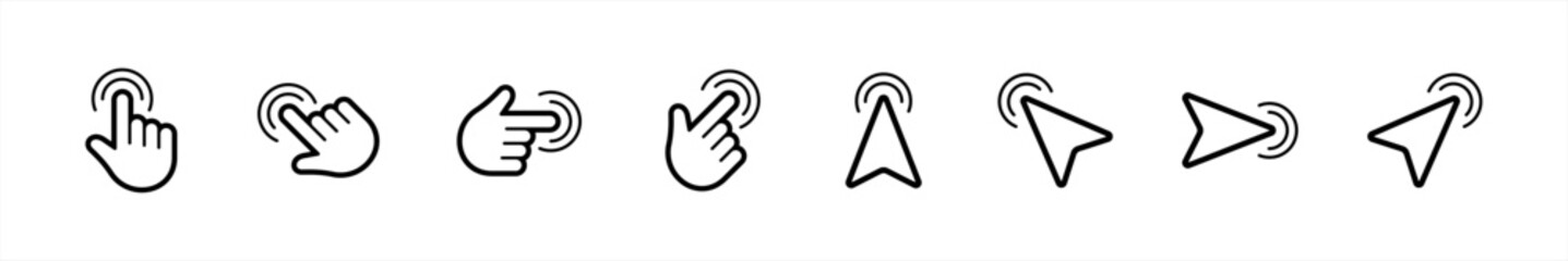 Hand click icon. Cursor hand symbol. Arrow click signs. pointer, touch screen, gesture, click here signs vector illustration