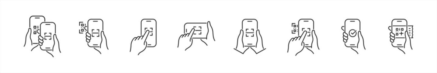 QR code scanning icons set. Hand holding Mobile phone symbol. Simple line icon style, barcode scanner for pay, web, mobile app signs. Digital barcode, website, link, quick, modern vector illustration