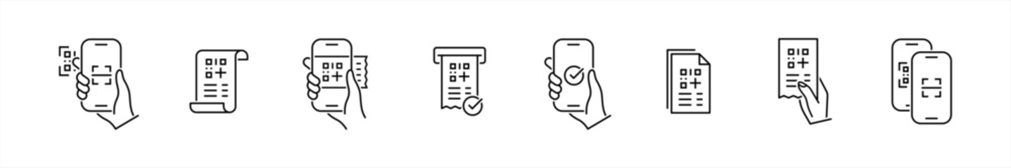 Receipt QR code icons set. Scanning code process symbol. Cashless mobile payment signs. payment, shopping, secure, money, barcode, purchase code scanning, mobile phone scanner vector illustration