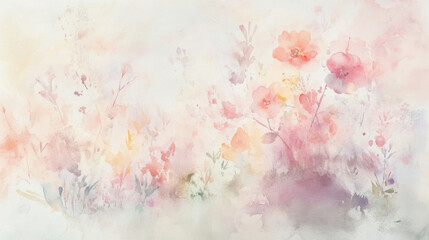 Fototapeta premium Soft watercolor florals in pastel tones, subtly scattered across a pale grayish-white background,