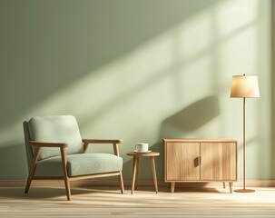 A minimalist interior with a green wall and light wood floor