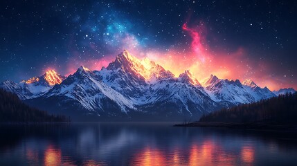 Starry night sky above a picturesque mountain range and reflective lake picture