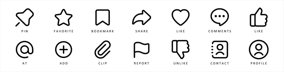 Social media interface icon set in line style. like, unlike, comment, share, message, thumb and save simple black style symbol sign for apps and website, vector illustration.