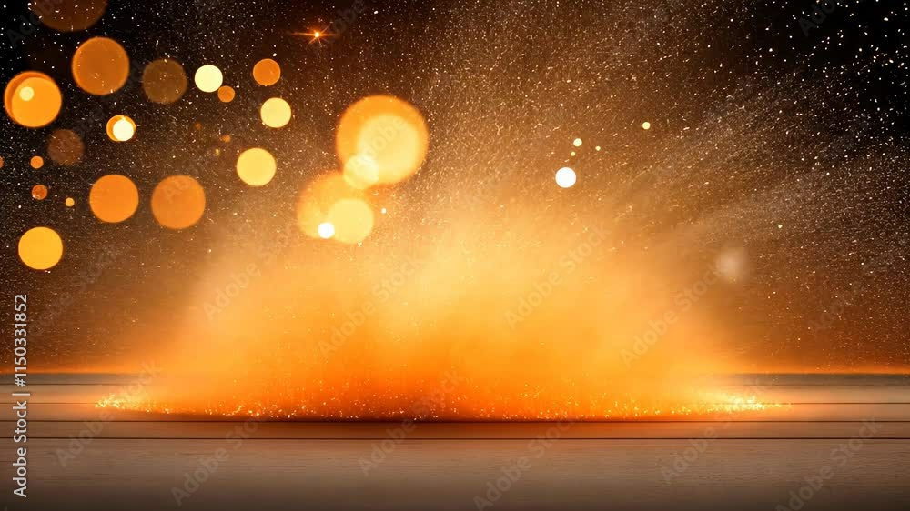 Poster abstract explosion of golden dust and particles with bright bokeh lights on a dark background.