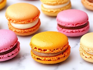 Fototapeta premium A colorful assortment of macarons in various flavors and colors on a marble surface.