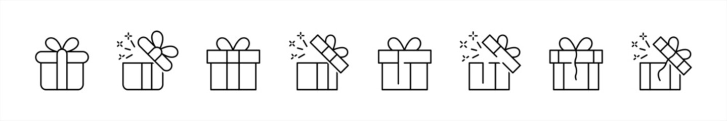 Gift box icon set in line style. Surprising gift box  symbol. Present gift box tied signs. Christmas, birthday, valentine, open, sparkle, wedding event, party, celebration, achievement success vector