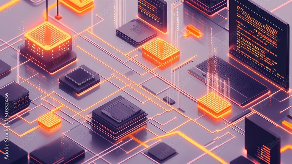Poster exploration of a futuristic digital circuit design featuring glowing processors and intricate connec