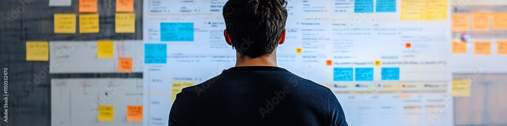 Poster individual analyzing project plans and charts in a workspace with sticky notes during a brainstormin