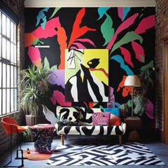 Vibrant Interior Design Featuring Bold Colors and Artistic Elements in a Stylish Living Space With Modern Furniture and Lush Greenery