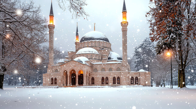 Snow-covered mosque in winter park.