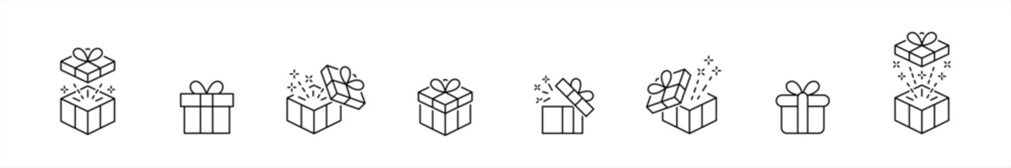 Gift box icons set. Surprising gift box symbol. Present gift box tied signs. Christmas, birthday, valentine, open, sparkle, wedding event, party, celebration, achievement success vector illustration