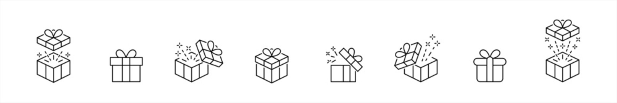 Gift box icons set. Surprising gift box symbol. Present gift box tied signs. Christmas, birthday, valentine, open, sparkle, wedding event, party, celebration, achievement success vector illustration