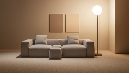A minimalist living room with a soft gray softwo square armrests,and three cushions