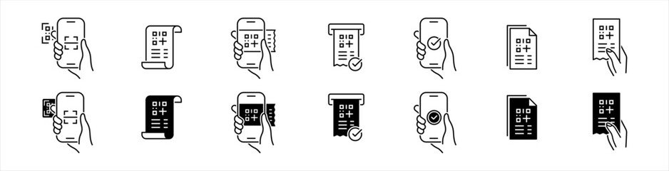 Receipt QR code icons set. Scanning code process symbol. Cashless mobile payment signs. payment, shopping, secure, money, barcode, purchase code scanning, mobile phone scanner vector illustration