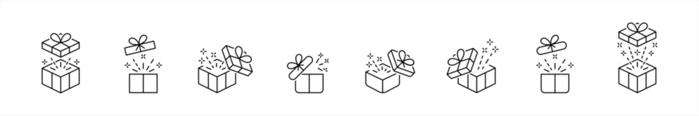 Gift box icons set. Surprising gift box symbol. Present gift box tied signs. Christmas, birthday, valentine, open, sparkle, wedding event, party, celebration, achievement success vector illustration