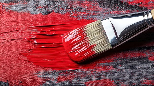 Vibrant red paint being applied with a brush on textured canvas surface