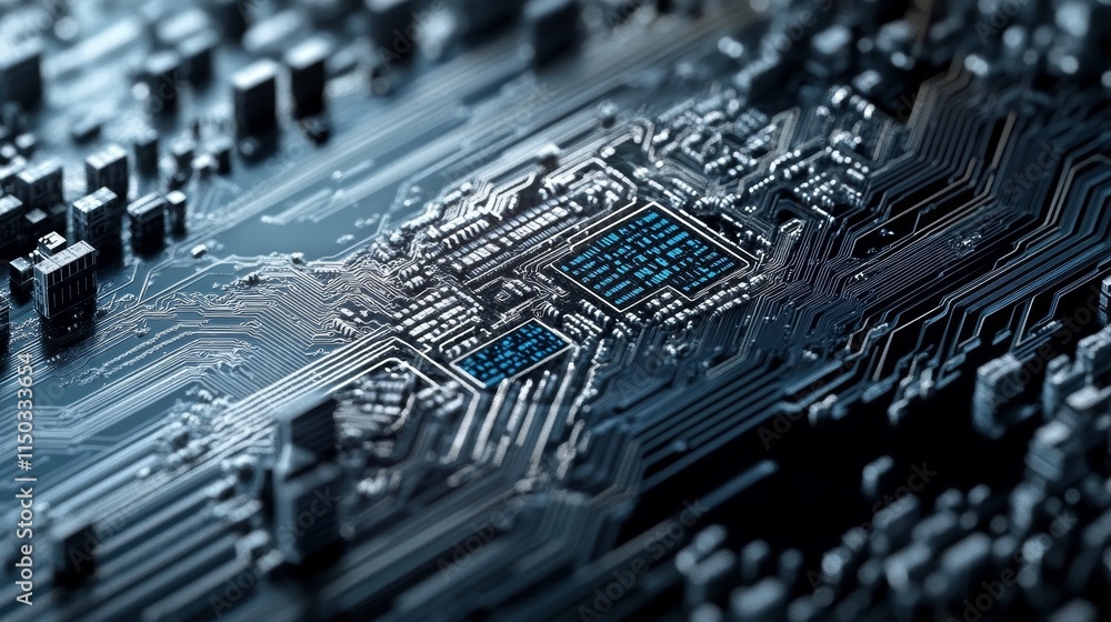 Poster close-up of a complex microprocessor circuit board showcasing intricate pathways and fine details of