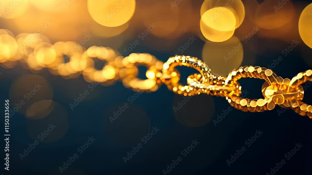 Aufkleber golden chain with sparkling links on a dark background with warm bokeh lights.