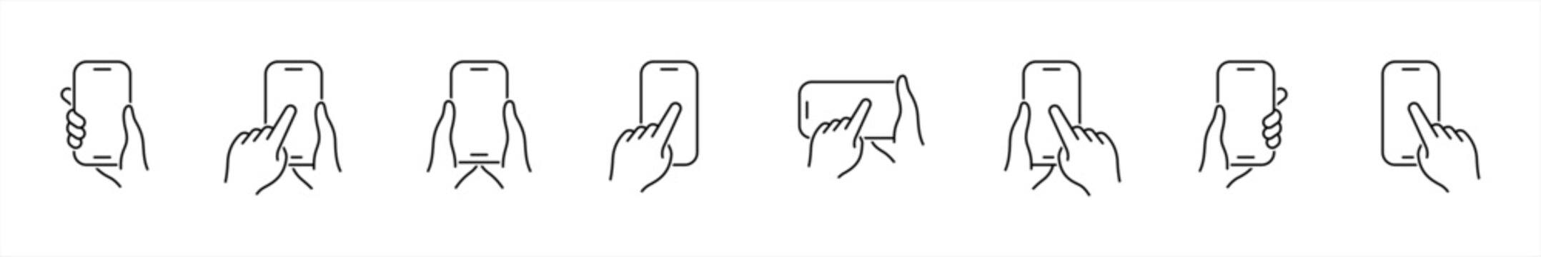 Hands holding mobile phone line icons set. Smartphone held by two hands symbol. Finger touching blank screen signs. Hand holding a smartphone flat vector illustration