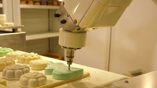 A robotic system systematically placing delicate handcrafted soaps onto a display ensuring each piece is positioned perfectly.