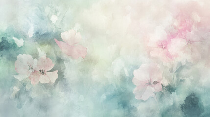 Fototapeta premium Soft watercolor florals in pastel tones, subtly scattered across a pale grayish-white background,