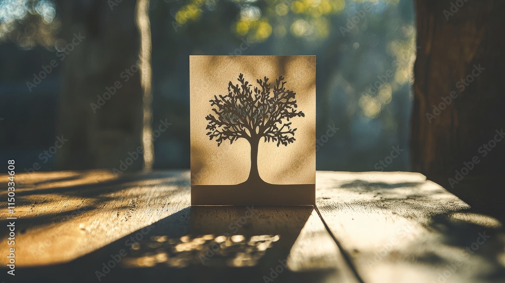 Aufkleber Minimalist card setup featuring tree cutout nature setting artistic display sunlit environment close-up view creative concept