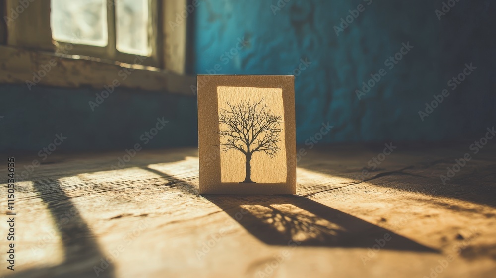 Poster Minimalist card with tree cutout indoor setting artistic display natural light close-up view serenity concept