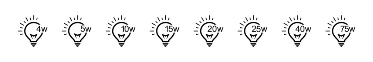 Light bulb wattage icons set. Energy power symbol. Energy efficient signs. Electric vector illustration