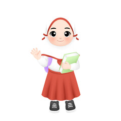 watercolor illustration of happy kid with student elementary school uniform 