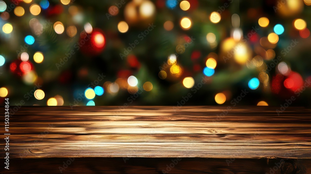 Aufkleber empty wooden table in front of abstract blurred christmas light background for product display in a 