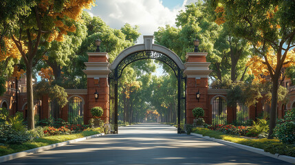 Naklejka premium University campus entrance with a grand gate, bright natural lighting creating an active and welcoming vibe