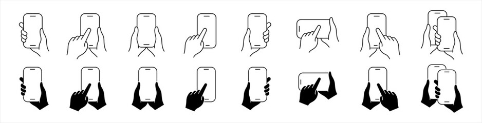 Hands holding mobile phone line icons set. Smartphone held by two hands symbol. Finger touching blank screen signs. Hand holding a smartphone flat vector illustration