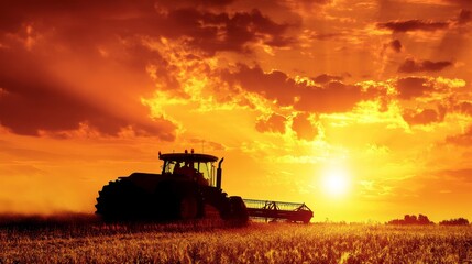 Fototapeta premium Tractor Working in a Golden Field at Sunset With Dramatic Clouds Creating a Breathtaking Backdrop for Agricultural Activities