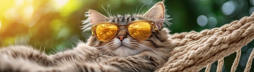 Obraz premium Cool cat basking in the sun A trendy cat with chic sunglasses is chilling on a hammock, it's a serene summer setting The sunlight makes the image warm and the setting inviting, perfect for summer