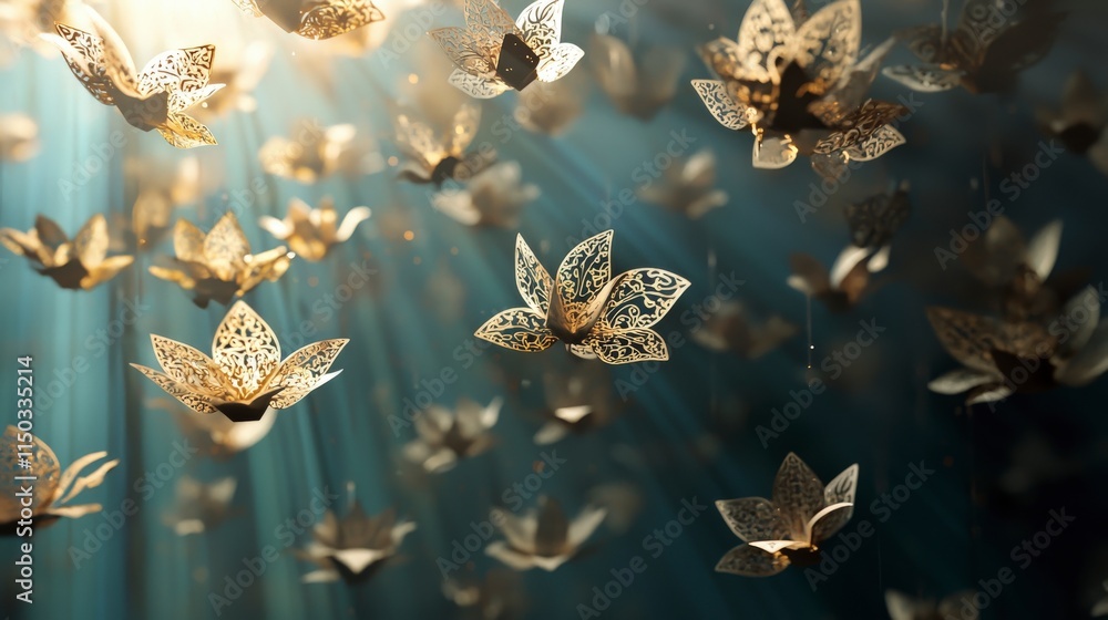 Aufkleber Surreal floating paper flowers dreamy underwater setting digital art ethereal atmosphere abstract view imagination unleashed